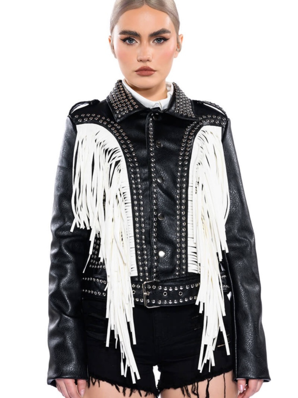 AKIRA Black Leather Jacket with White Fringe and Stud Accents